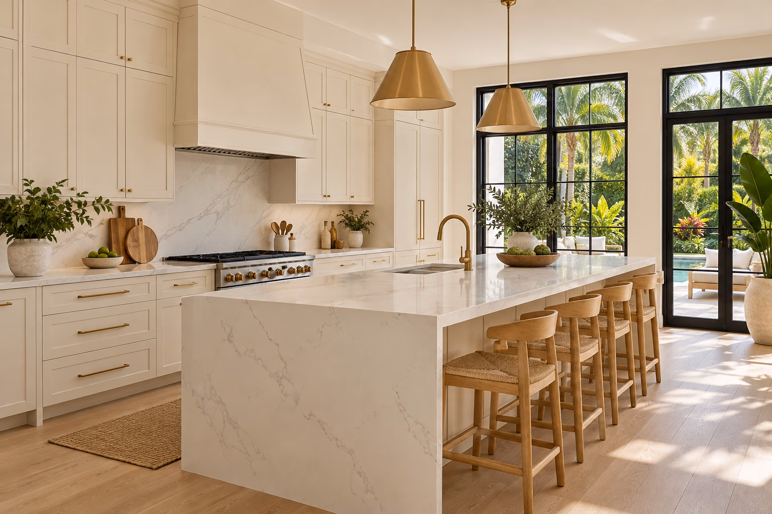 Bright ivory kitchen with a large quartz island