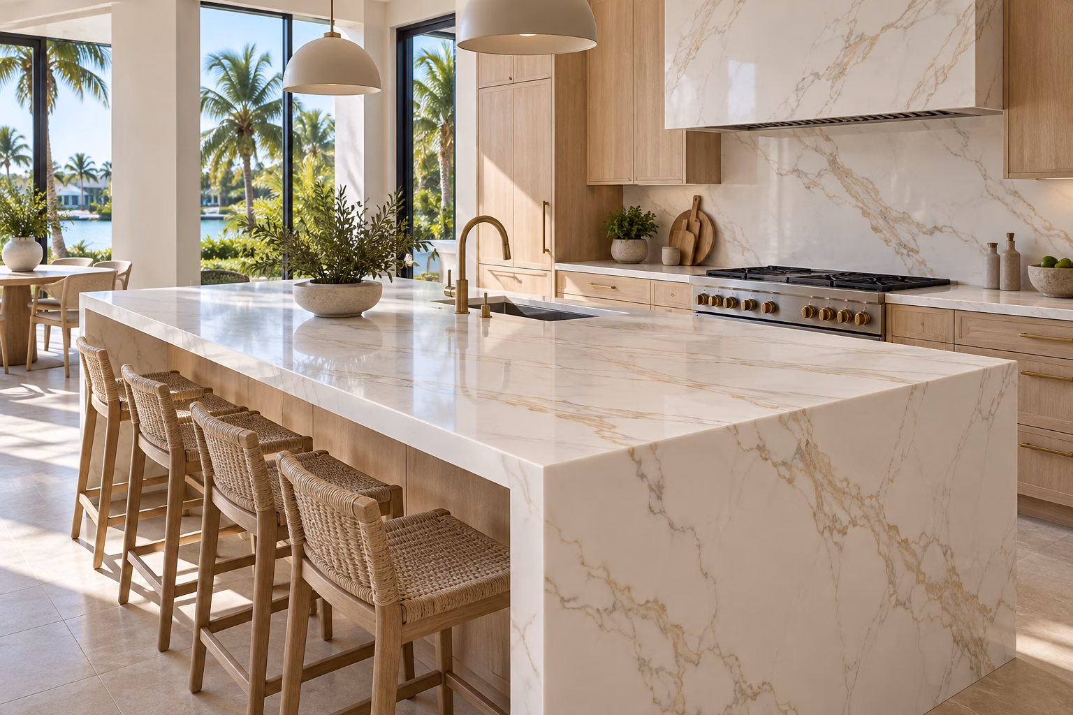 Sunlit kitchen with white quartz waterfall island and light oak cabinetry