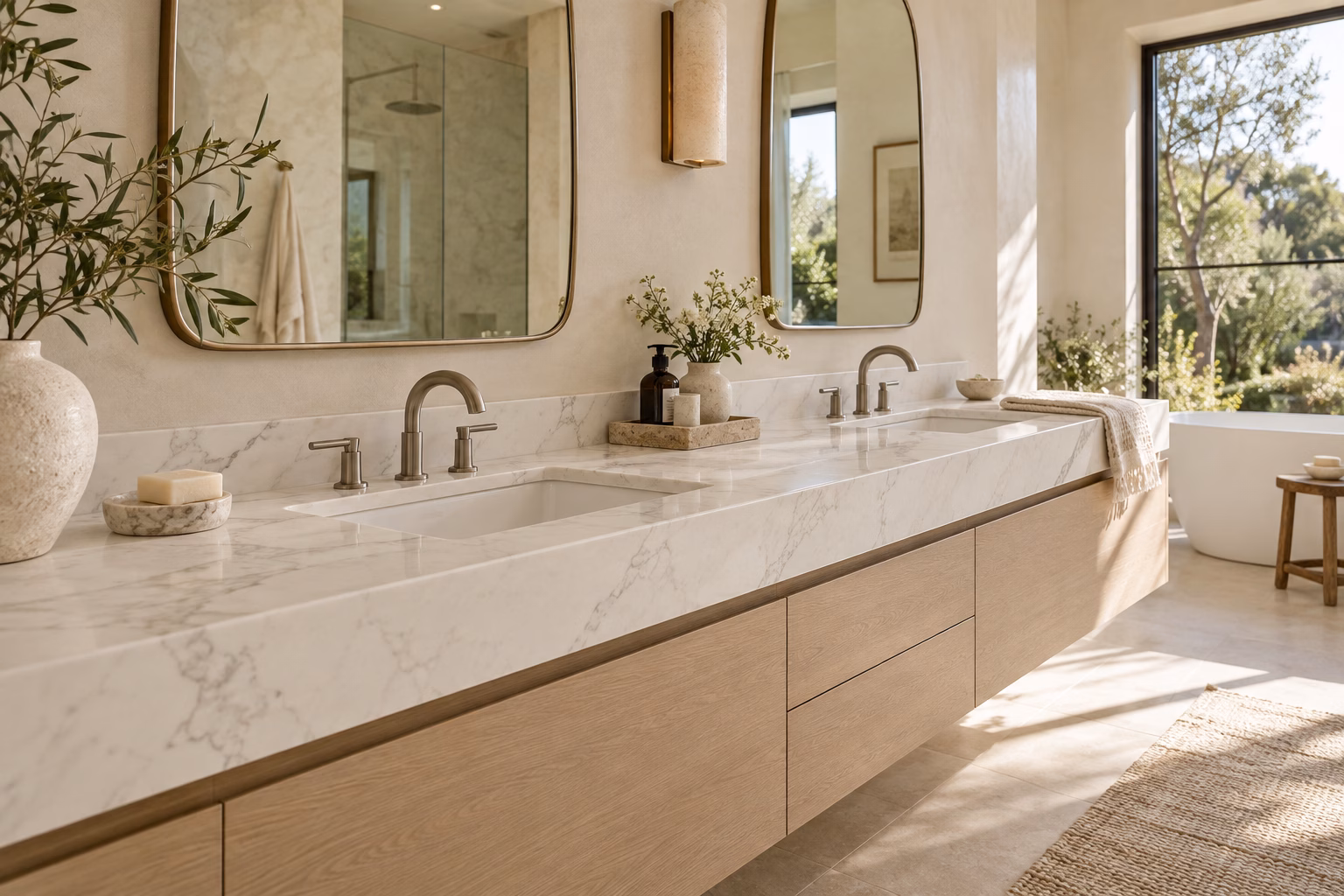 White quartz double vanity with floating oak cabinetry