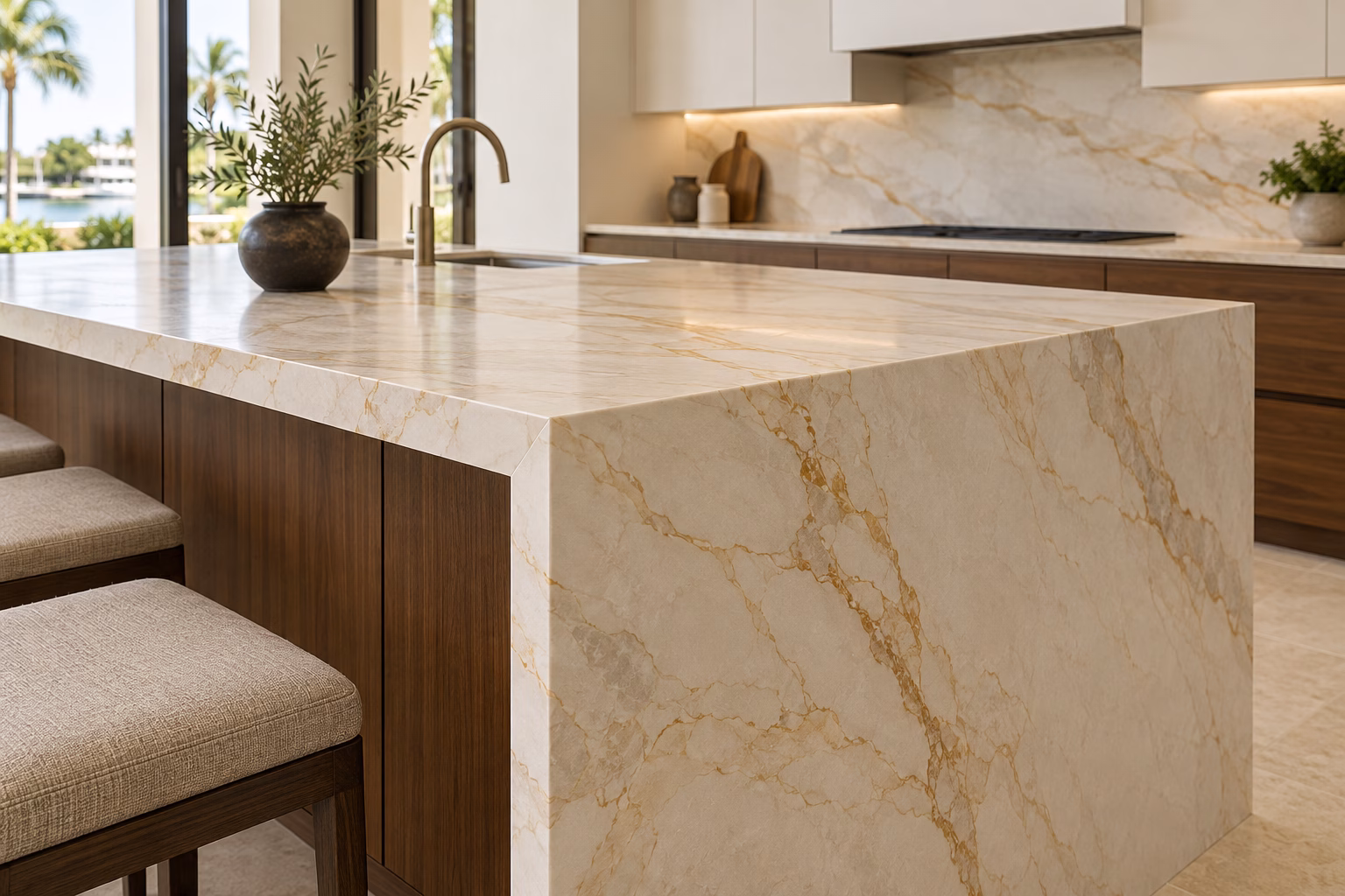 Warm gold-veined quartz flowing over a waterfall island edge