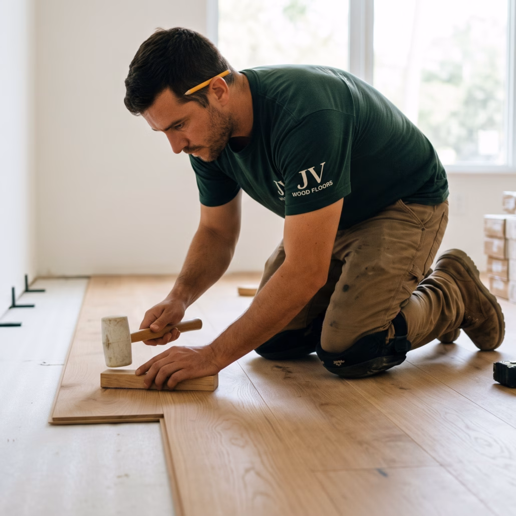 Professional installer from JV Wood Floors precisely fitting wide-plank wood flooring with expert subfloor prep in a South Florida home