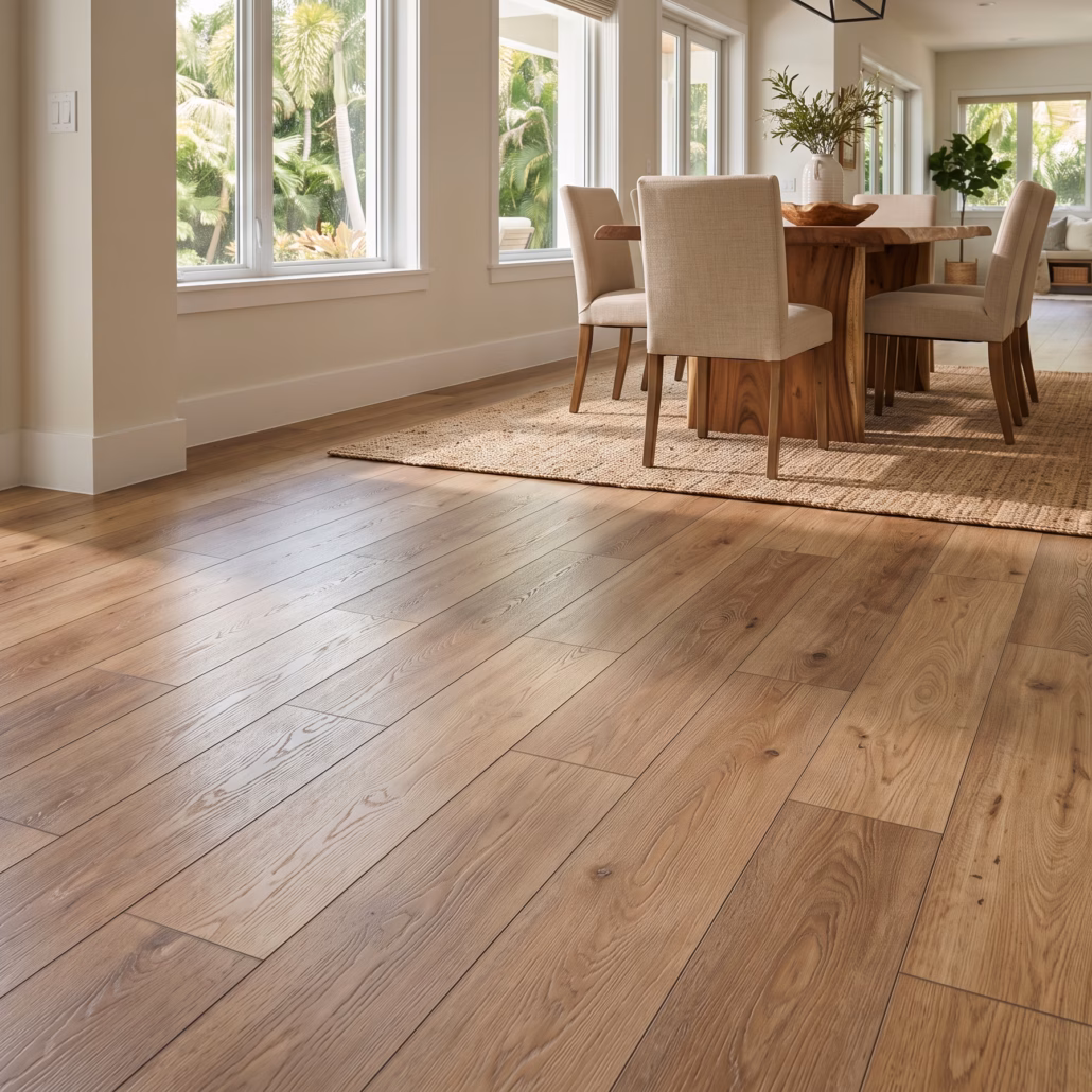 Premium water-resistant wide-plank laminate flooring with natural wood grain texture installed in a warm, sunlit South Florida dining room.