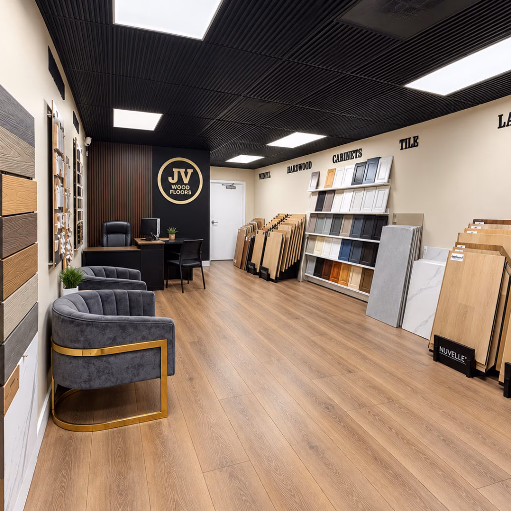 Interior panoramic view of the JV Wood Floors and Cabinets showroom in Plantation, Florida, featuring neatly organized displays of vinyl, hardwood, tile, laminate flooring, and custom kitchen cabinets.