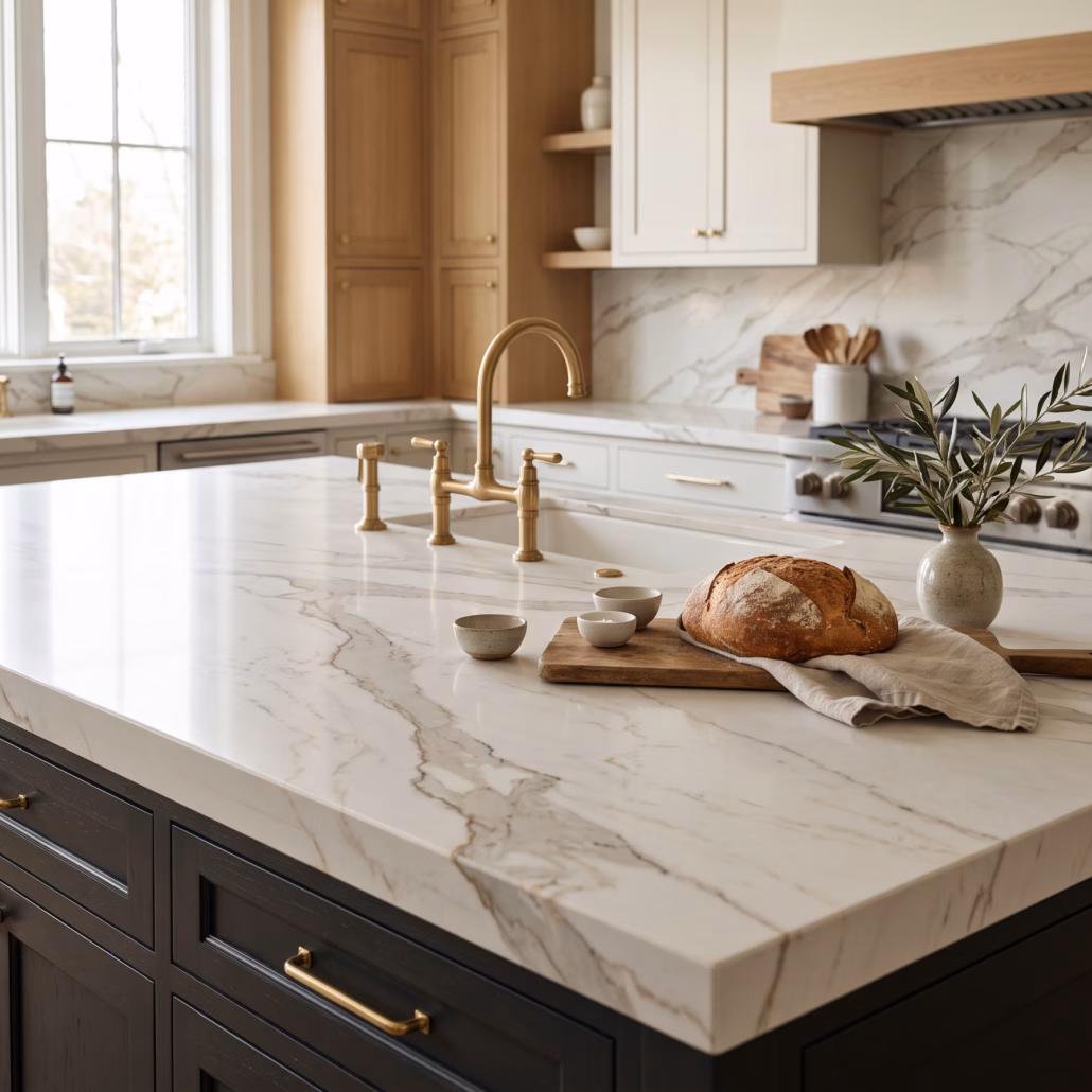 Luxurious, custom-fabricated Calacatta quartz countertop on a large kitchen island, featuring a thick mitered edge, undermount sink, brass bridge faucet, and a matching full-slab backsplash.