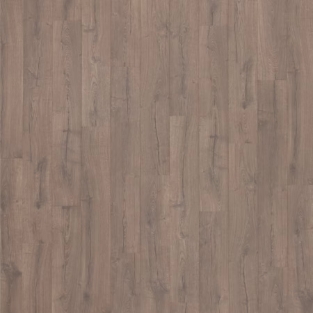 Quick-Step Perdestia Alpine Oak laminate flooring showing muted taupe oak-look planks with visible grain and knots.