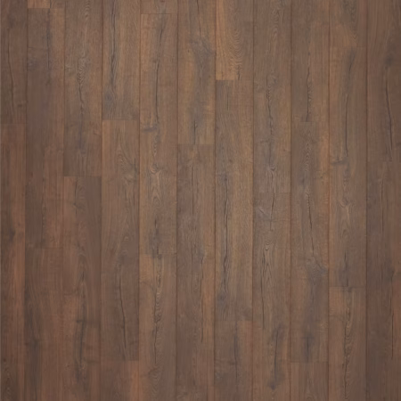Quick-Step Perdestia Basalt Oak laminate flooring showing brown oak-look planks with darker grain and knots.
