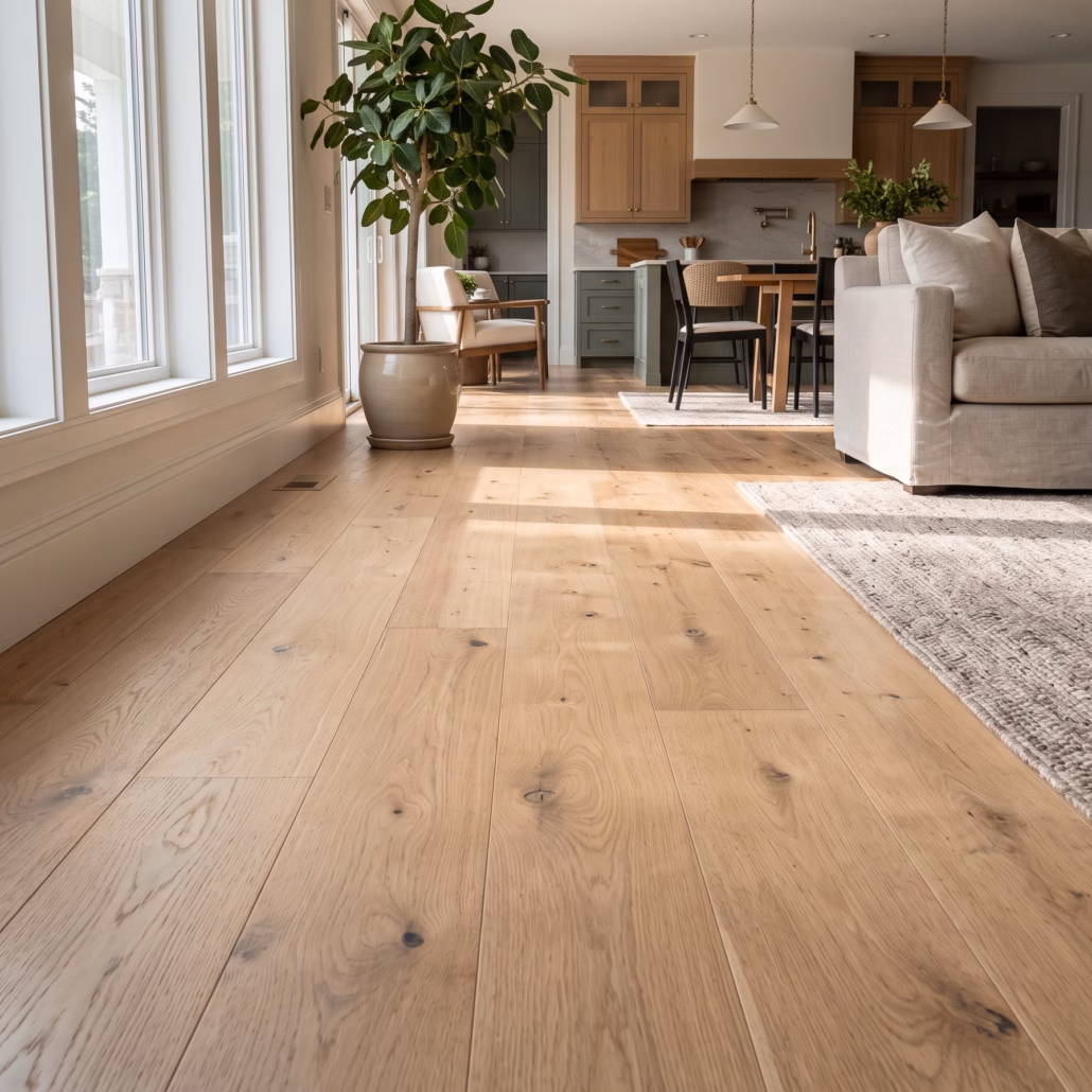 Natural European white oak wide-plank hardwood flooring, expertly installed in an open-concept living and kitchen area with custom baseboards, sunlit by large windows.